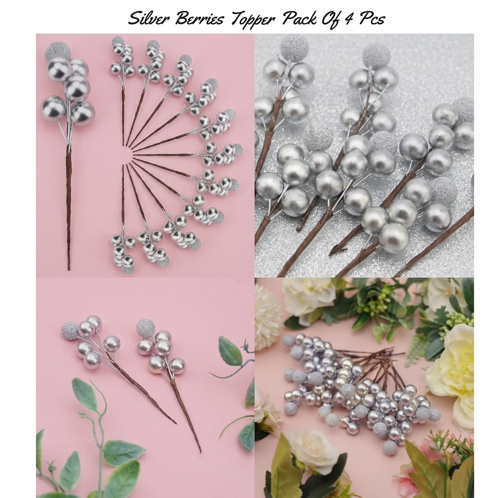 Silver Berries Topper Pack of 4 – Cake & Dessert Decoration