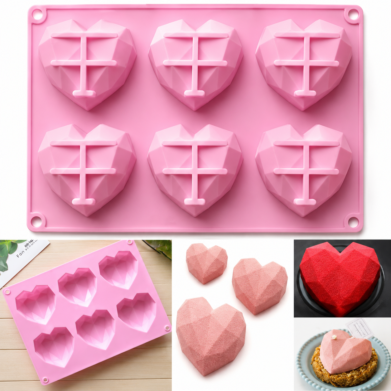 6 Cavity Geometric Heart Silicone Mold – Premium Heart-Shaped Chocolate & Dessert Mold