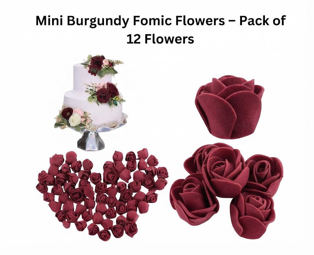 Mini Burgundy Fomic Flowers – Pack of 12 Decorative Artificial Flowers for Cake Decorating & DIY Crafts