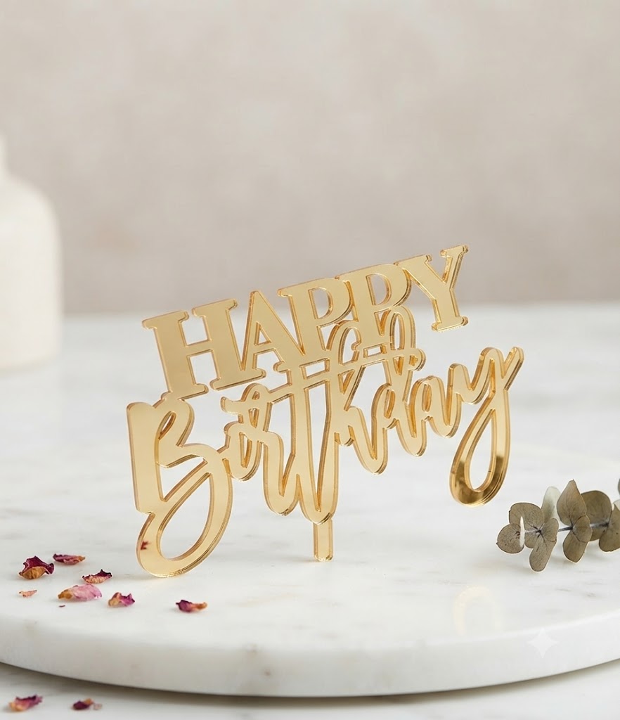 5 Pcs Golden Happy Birthday Acrylic Cake Tags for Cake Decorating – Premium Birthday Cake Decorations
