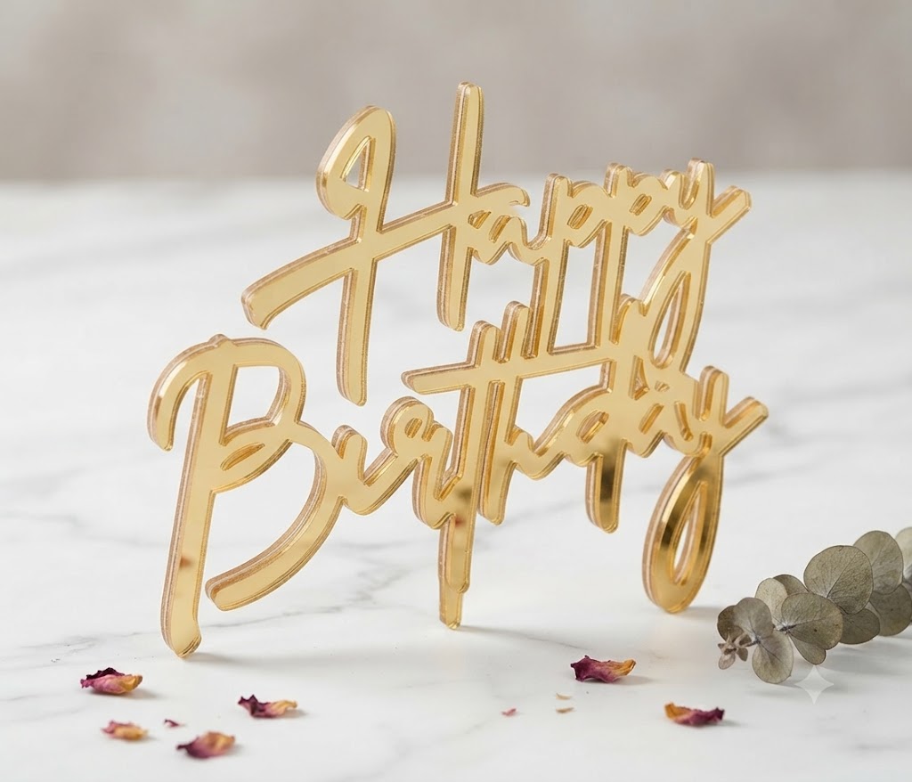 5 Pcs Golden Happy Birthday Acrylic Cake Tags for Cake Decorating – Premium Gold Birthday Cake Decorations