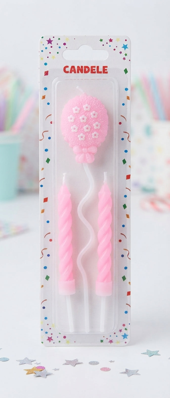 Pink Spiral & Balloon Candle Set | Birthday Cake Candles for Party Decoration