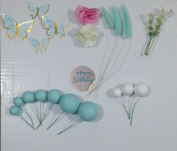 Teal Faux Ball Cake Topper Set with Butterflies & Flowers