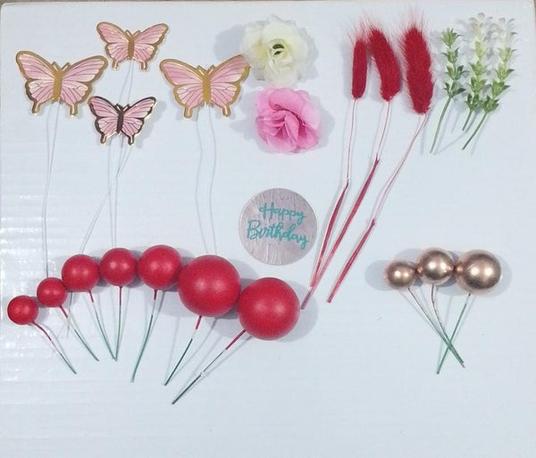 Red Faux Ball Cake Topper Set with Butterflies & Flowers