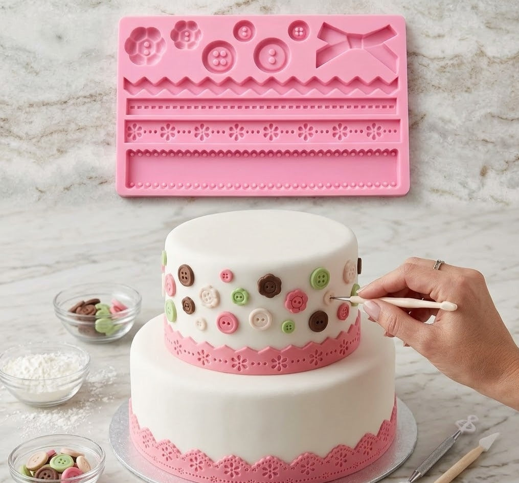 Bow, Buttons & Border Silicone Mold – Fondant, Chocolate & Cake Decorating Mold
