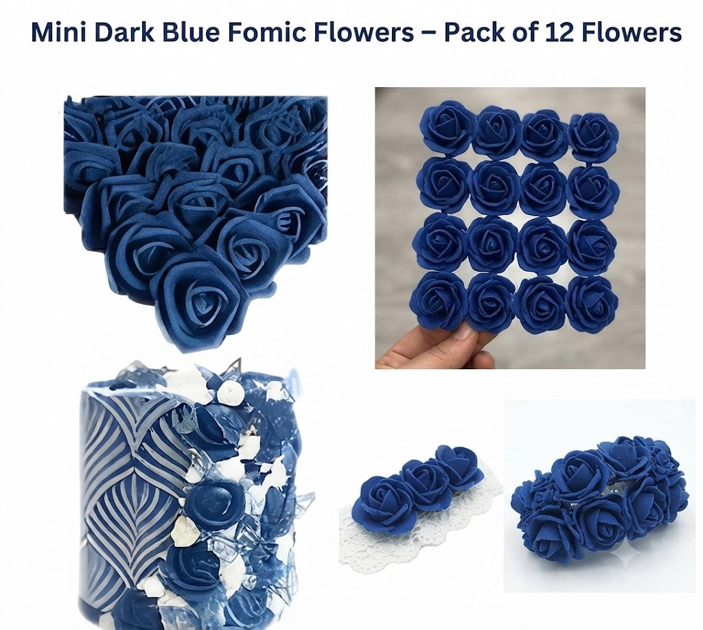 Mini Dark Blue Fomic Flowers – Pack of 12 Decorative Artificial Flowers for Cake Decorating & DIY Crafts
