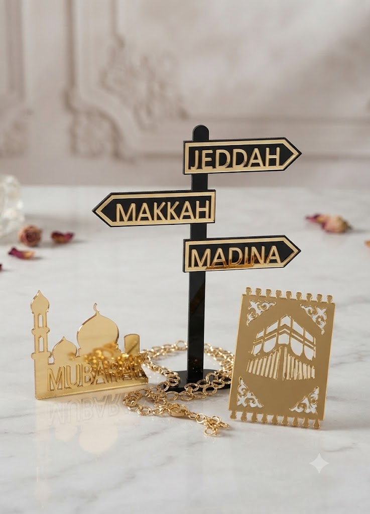 Umrah Mubarak Gold Acrylic Cake Topper Set for Cake Decorating – Premium Islamic Celebration Decoration